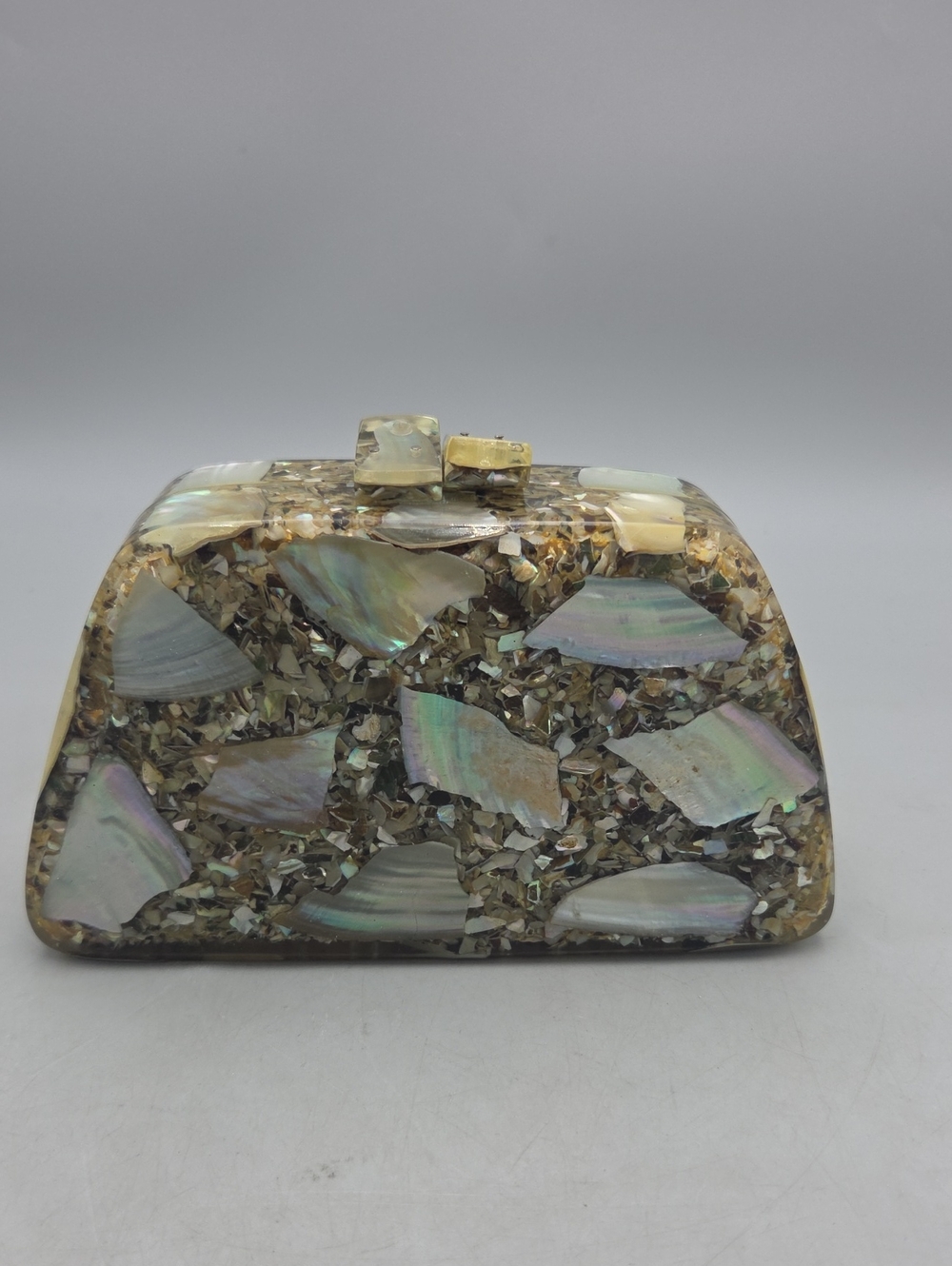 Vintage mother-of-pearl and abalone shell mosaic acrylic/lucite evening clutch
